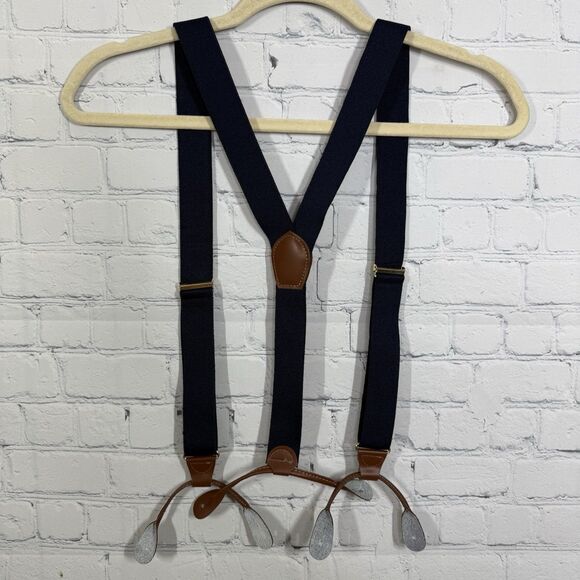 Vintage CAS Suspenders Navy Blue Elastic Brown Braces Leather Button Germany - Picture 1 of 14